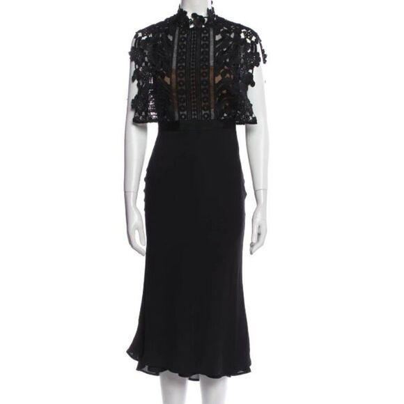 Self-Portrait Guipure Lace and Crepe Midi Evening Dress Black US 4 Small - Picture 12 of 12